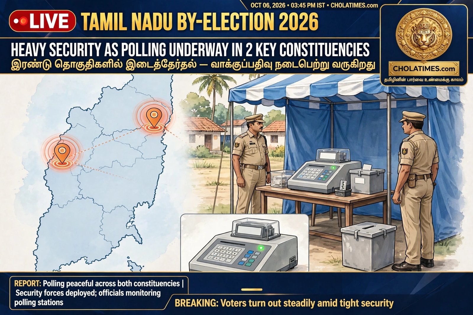 தமிழக இடைத்தேர்தல்: 2 தொகுதிகளில் வாக்குப்பதிவு விறுவிறுப்பு – பலத்த பாதுகாப்பு!